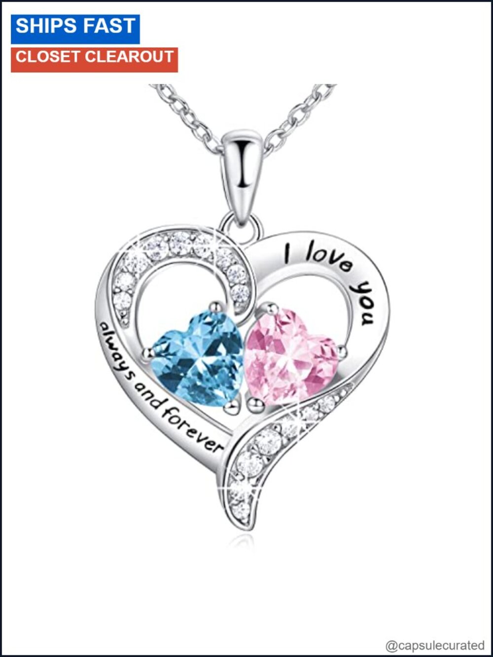 Sterling Silver Double Heart Birthstone Pendant Necklace